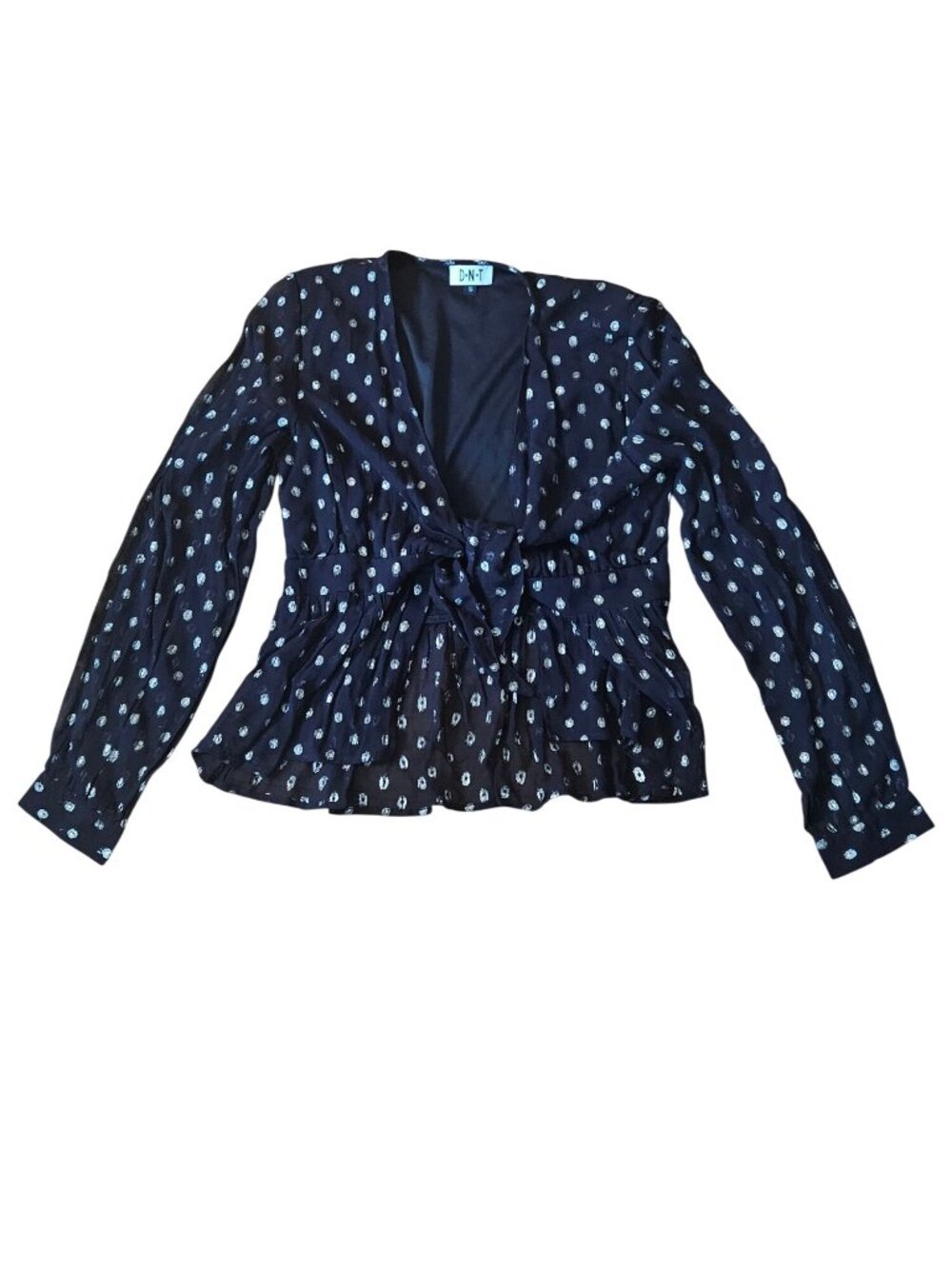 DNT Womens Navy Polka Dot Blouse With Long Sleeves & Front Tie Size Small